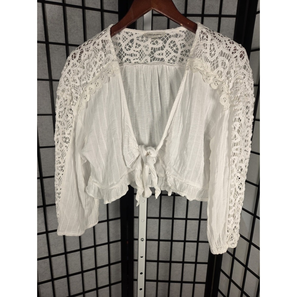 American Eagle Cottagecore Boho Lace Tie Front Ruffle Crop White Large Women